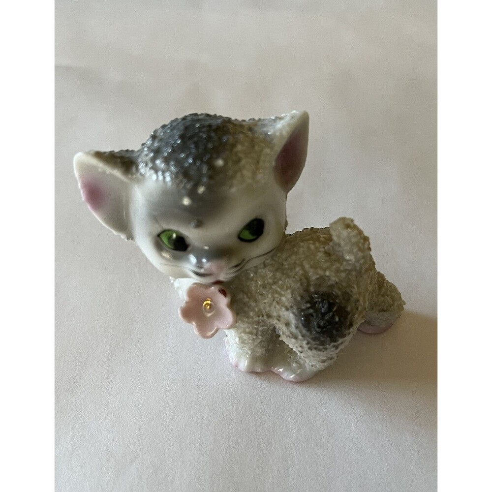 Vintage Staffordshire Confetti Gray Kitten Figurine Pink Flower